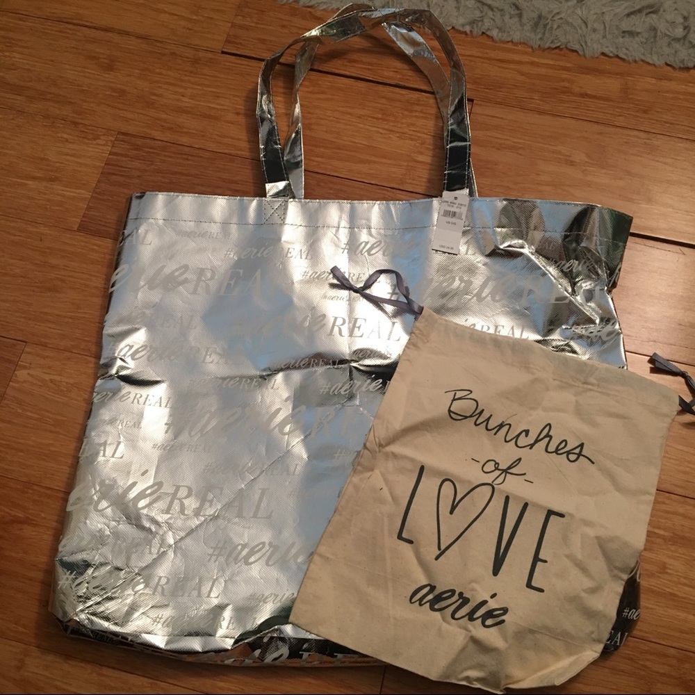 NWT silver metallic tote (& small tie bag)